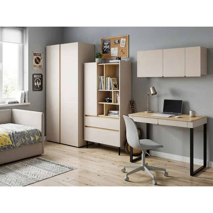 Beautysofa Jugendzimmer-Set LICO im modernen Stil, (Kinderzimmer Möbel grifflos, Set 4-teilig Kleiderschrank Bücherregal Schreibtisch Hängeregal), moderne Farben Sandbeige oder Eukalyptus