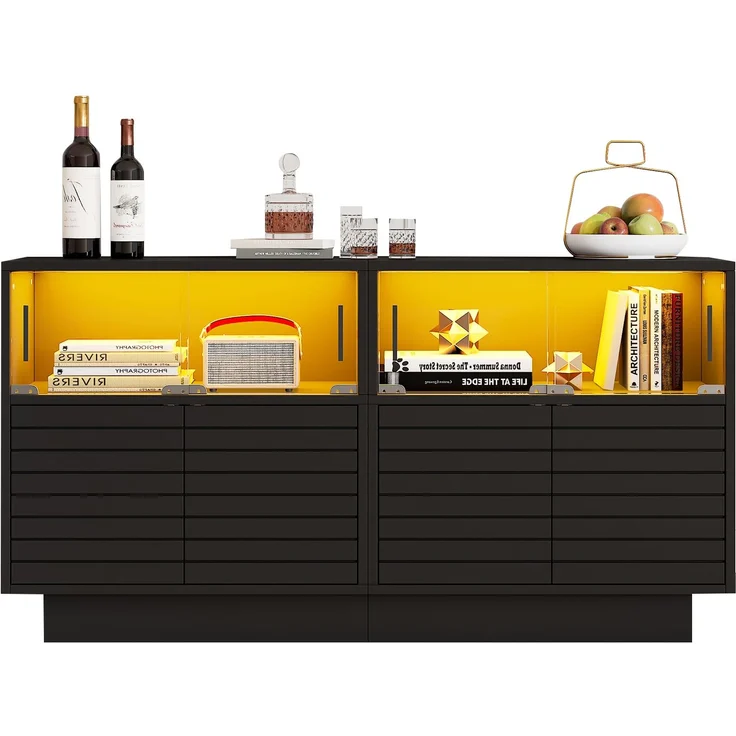 ZUBALIYA Sideboard 130x35x68 cm, mit LED-Beleuchtung, mit Glastüren, aus Spanplatte, Schwarz – Bild 21