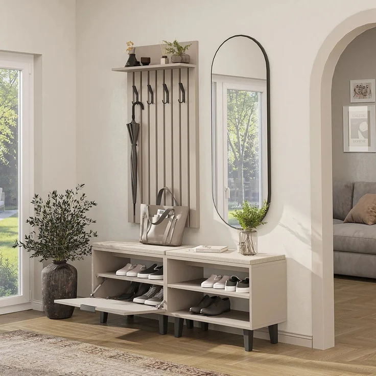 Roomart NORD Garderobenset 4-teilig – Sitzbank offen & mit Schuhklappe, Garderobenpaneel 130 cm & ovaler Spiegel – Flurgarderobe – H 53 x B 73.6 x T 35 cm (Sitzbank) • Beige – Bild 2