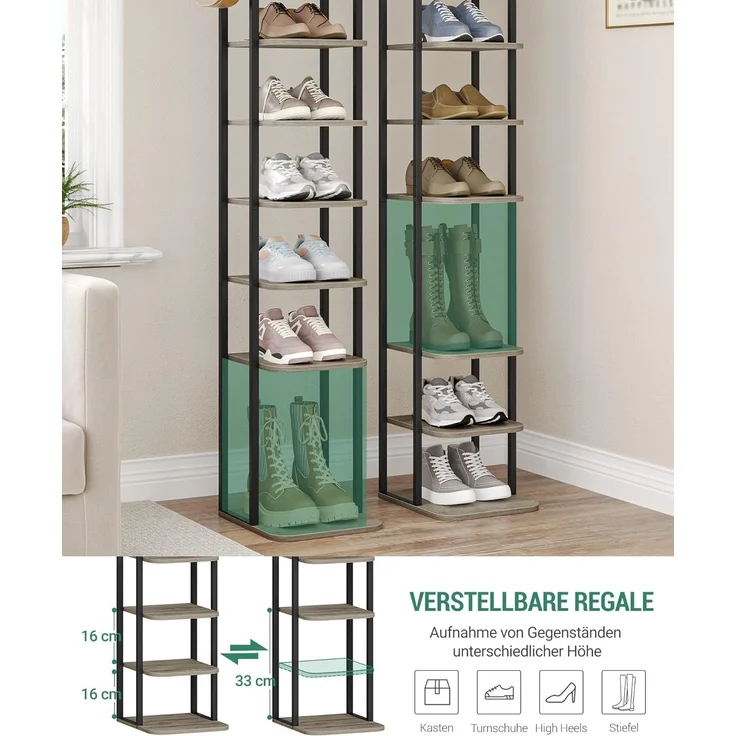 Vertikales Schuhregal, 10-Stöckige Schuhregale, Schuhturm für Kleine Räume, Freistehend, Verstellbar, Platzsparend, Helles Elfenbein und Schwarz – Bild 3