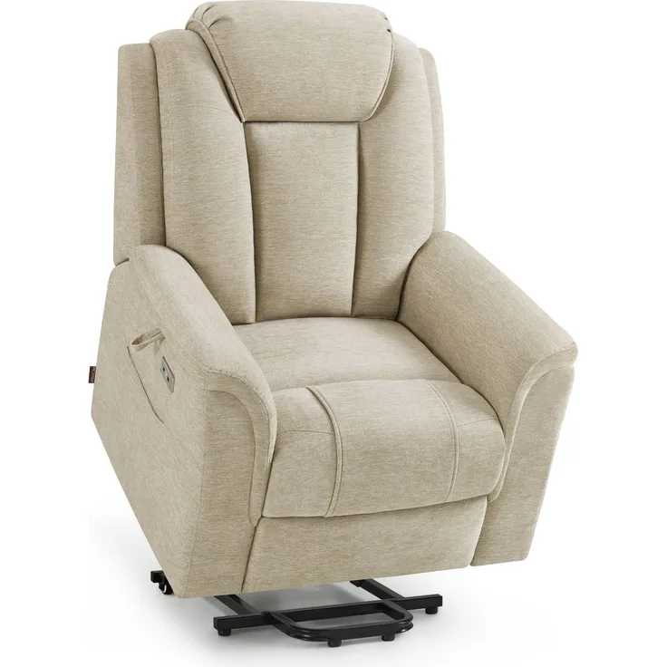 M MCombo Fernsehsessel mit Aufstehhilfe Elektrisch, 2 Rollen für Mobilität, Massage & Heizung, Verstellbare Kopfstütze, Sessel mit Aufstehhilfe 35D Vollschaum-Sitzkissen 7269 (Stoff, Beige)