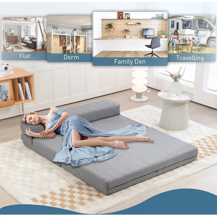 HOMCOM Relaxsessel 2-in-1 Klappbar Schlafsofa mit Leinenoptik (Sofabett, 1-St, Bodensofa), für Wohnzimmer, Schlafzimmer, Grau – Bild 7