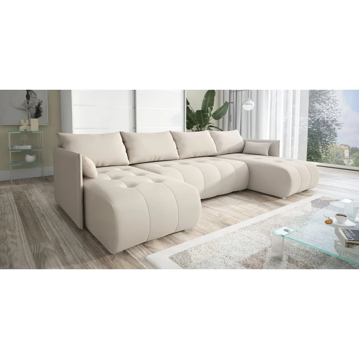 Wohnero24 NESSA U Ecksofa 292x152 cm mit Schlaffunktion 280x140 & Bettkasten – XXL Wohnlandschaft Creme – Bild 2