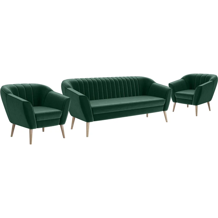 MEBLINI Sofa-Set KAIA 3+1+1 - Grün Samt - für Wohnzimmer - Mini Lounge für fünf Personen - Küchensofa - Sofa Klein - Sitzgarnitur - Polstergarnitur - Sofagarnituren – Bild 1