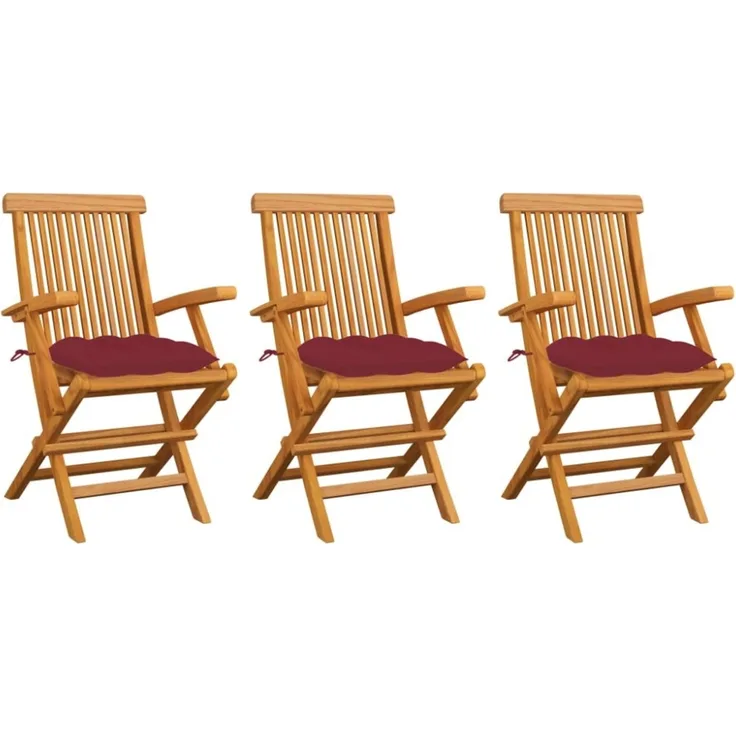vidaXL Gartenstühle mit Weinroten Kissen 3 Stk. Massivholz Teak 3062538