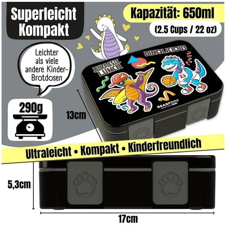 BEARFOOT Lunchbox Brotdose mit Fächern, leicht & auslaufsicher - Dinos schwarz, PP, ABS, Silikon, Kindergarten und Schule - Mädchen und Jungen, Vesperbox, Snackbox – Bild 4