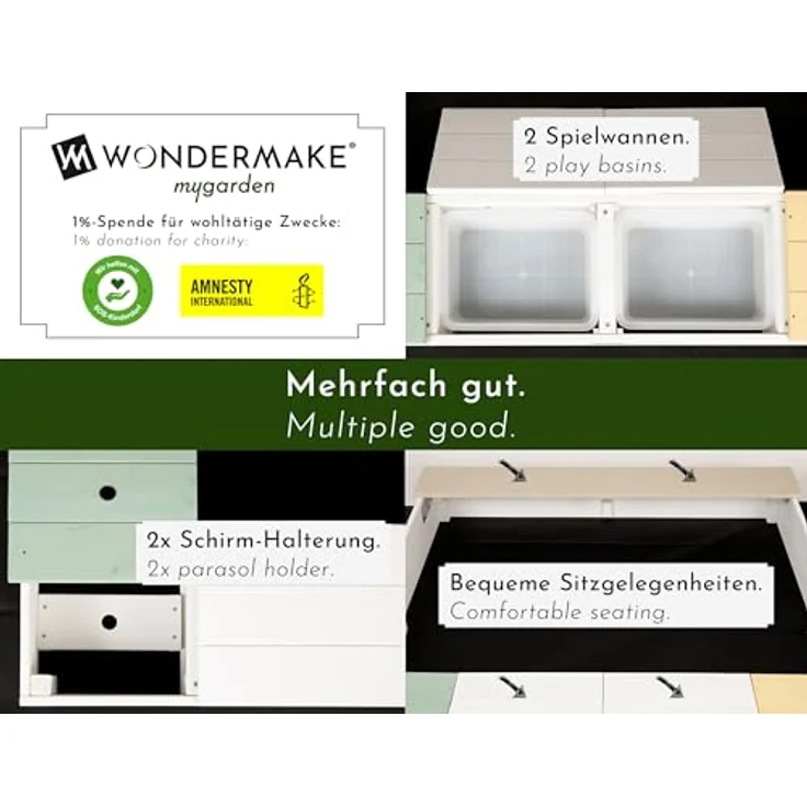 WONDERMAKE Sandkasten arena2, quadratisch mit Abdeckung, 2 Matschküchen, farbig lasiert, 113x113 cm, schwarz bunt – Bild 2