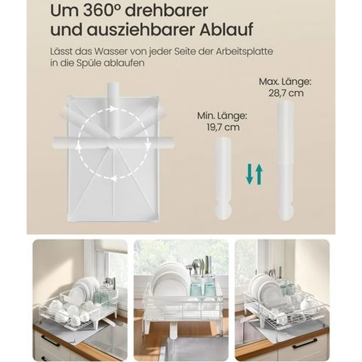 SONGMICS Abtropfgestell Geschirr, ausziehbarer Geschirr-Abtropfständer, wasserabsorbierende Silikonmatte, 360° drehbarer und ausziehbarer Ablauf, (31-56) x 42 x 20 cm, mattweiß-taubengrau – Bild 4