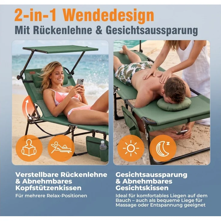 HOMECALL Gartenliege Sonnenliege mit Gesichtsöffnung und Sonnendach, klappbarer Liegestuhl, bis180 kg 200x70cm 4-Fach verstellbare Rückenlehne, 1 St, für Garten, Strand und Camping – Bild 2