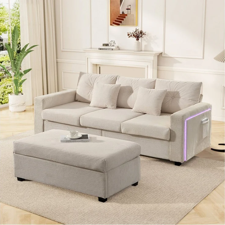 Merax 3-Sitzer L-förmiges Sofa mit LED-Beleuchtung, Wolkenweiches Sitzgefühl, Modulares Design, Cordstoff 1 Teile, 3-Sitzer Sofa mit Extra großer Ottoman, Seitentaschen & 2 Zierkissen – Bild 5