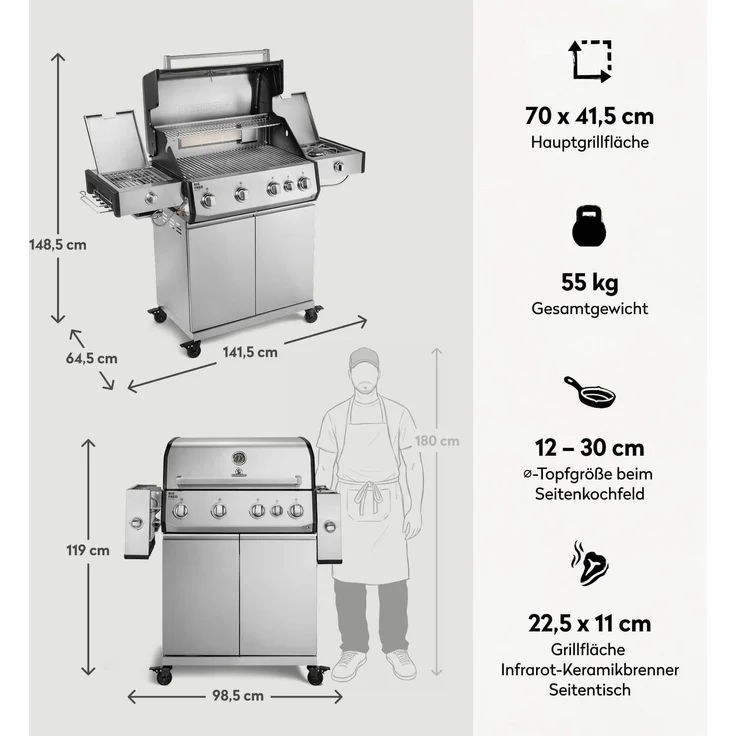 BURNHARD® Gasgrill 4-Brenner, Big FRED Deluxe+, 24,7 kW, Longlife Gussbrenner, Infrarot-Keramikbrenner, Heckbrenner, Seitenkochfeld, Piezo-Zündung, Edelstahlrost, Silber – Bild 3
