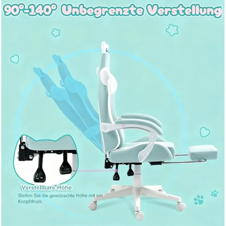 Dowinx Gaming Stuhl - Süße Katze Edition - Ergonomischer Computerstuhl mit Hoher Rückenlehne und Lendenwirbelstütze, PU-Leder, Fußstütze, Blau – Bild 8