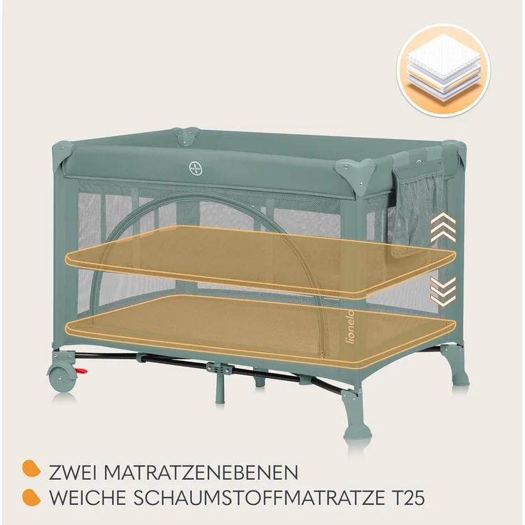 Lionelo Laura 2-in-1 Reisebett bis zu 15 kg Laufgitter von 0 bis 36 Monate Seitlicher Einstieg T25 Schaumstoffmatratze, 2 Höhenstufen, Reisetasche, Räder mit Bremse – Bild 4