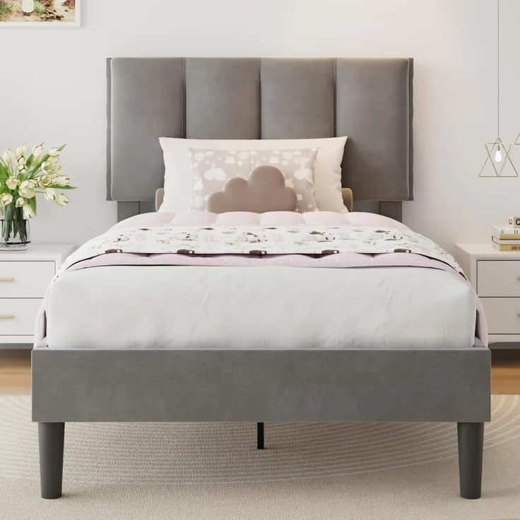 VECELO Polsterbett 90x200 cm Einzelbett mit Samt-Kopfteil und Lattenrost aus Massivholz, hautfreundlichem Stoff, stabilem Bettgestell – geeignet für Schlafzimmer und Jugendzimmer, Grau