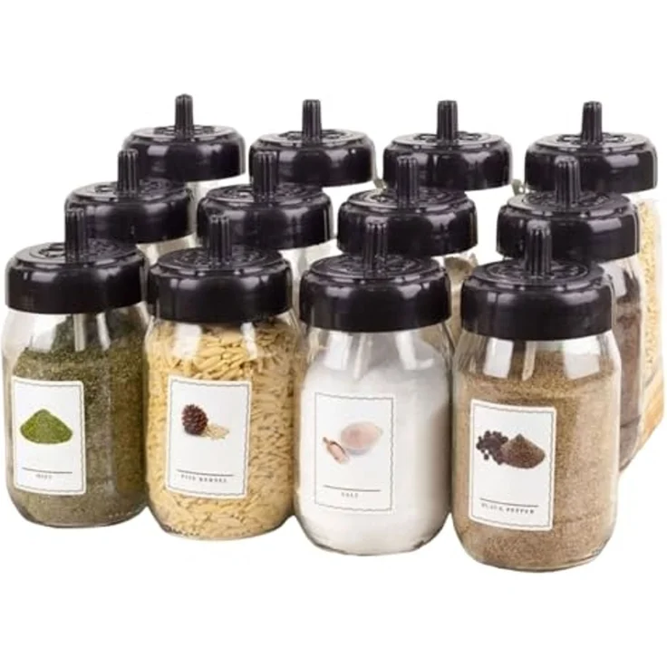 Jungengel Gewürzbehälter Gewürzdosen Set Glas 12-Teilig 330ml Gewürzgläser inkl. 12x Löffel, Glas mit Kunstoff-Deckel & Löffel (BPA-Frei), (12-tlg, 12 Gewürzgläser, jeweils mit einem speziellen Löffel), Transparentes Glas, Spülmaschinenkomform, Lebensm... – Bild 4