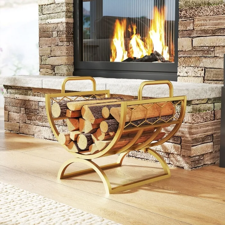 Kaminholzregal 46 x 36 x 41 cm aus Metall in Gold mit Wabenmuster