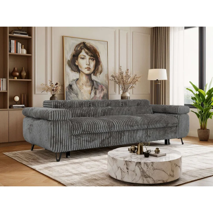 Polstersofa PETER, Sofa 3-Sitzer mit Schlaffunktion, verstellbaren Armlehnen und Kopfstütze, Gepolsterte Couch, Wellenfeder - Dunkelgrau Cord – Bild 1