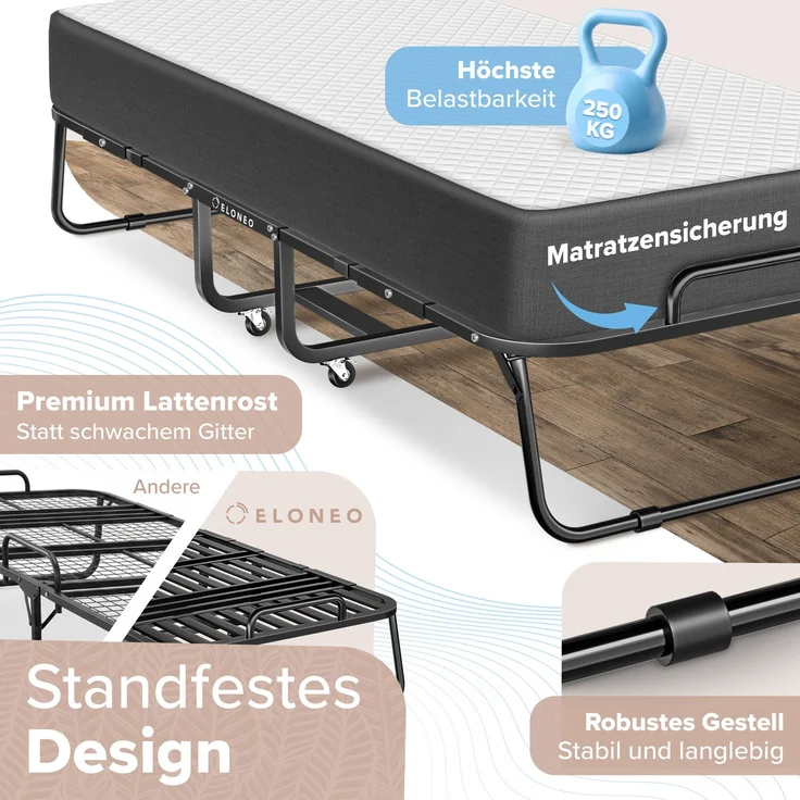 ELONEO Klappbett mit Premium-Matratze, 80x200 cm – Bild 4