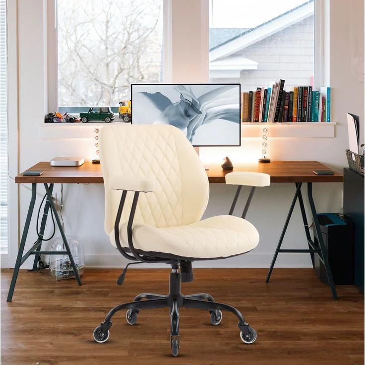 Bürostuhl aus Leder mit Federkern-Sitz & verstellbarer Neigung, 62x62x96 cm, Creme – Bild 2