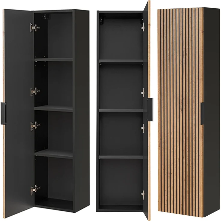 Badezimmer Set mit Waschtisch 81 cm, Hochschrank, LED Spiegel XANTEN-56 in anthrazit mit Eiche Nb. schwarz gerillt, B/H/T: ca. 130/200/46 cm – Bild 2