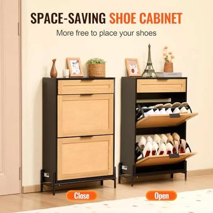VEVOR Schuhschrank Schuhkommode aus Rattan mit 2 Klappschubladen & 1 Ausziehschublade, Metallbeine, schmaler Schuhschrank ideal für Eingangsbereich Diele Schrank Flur Schuhkipper Schwarz – Bild 5