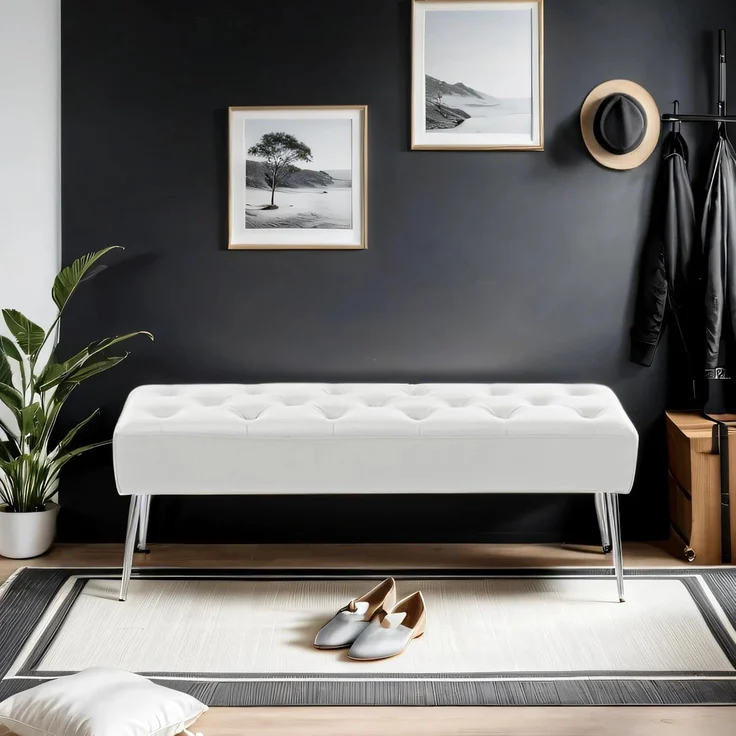 Duhome Sitzbank mit Knöpfen, Gepolstert Polsterbank Schuhbank mit Fußstütze Bettbank Sitzhocker für Eingangsbereich Wohnzimmer Schlafzimmer, Weiß – Bild 2