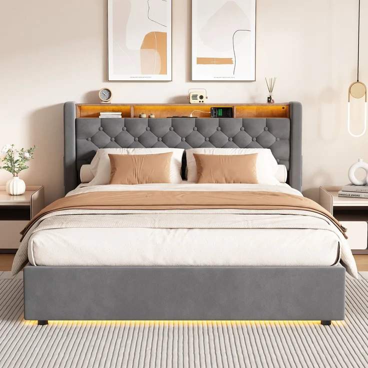 MODFU Polsterbett Mit Stauraum,LED-Beleuchtung und USB-Anschlüssen (Funktionsbett, 1-tlg, Stabiler Metallrahmen, inkl. Lattenrost, ohne Matratze), 140x200 cm, Hollandvelours, Kopfteil-Ablage – Bild 3