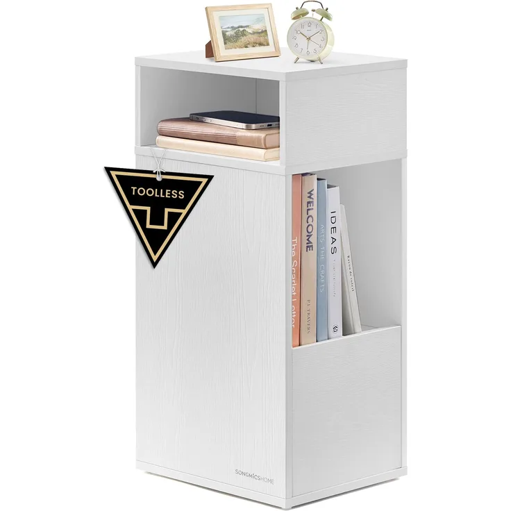 SONGMICS HOME Nachttisch, Toolless-Technologie, superschnelle werkzeuglose Montage, Nachtschrank, 2 offene Fächer, 1 Schublade, Beistelltisch, 30 x 25 x 59,4 cm, schneeweiß LET911WE01