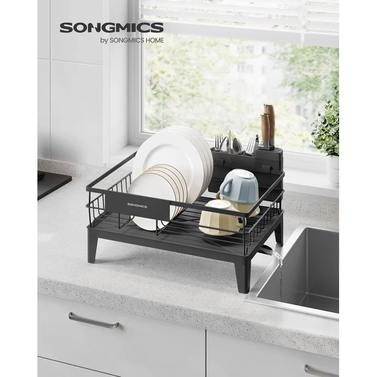 SONGMICS Abtropfgestell Geschirr, Geschirr-Abtropfständer, 360° drehbarer und ausziehbarer Ablauf, Abtropfschale, Besteckhalter, Küche, 31 x 42 x 18,5 cm – Bild 2