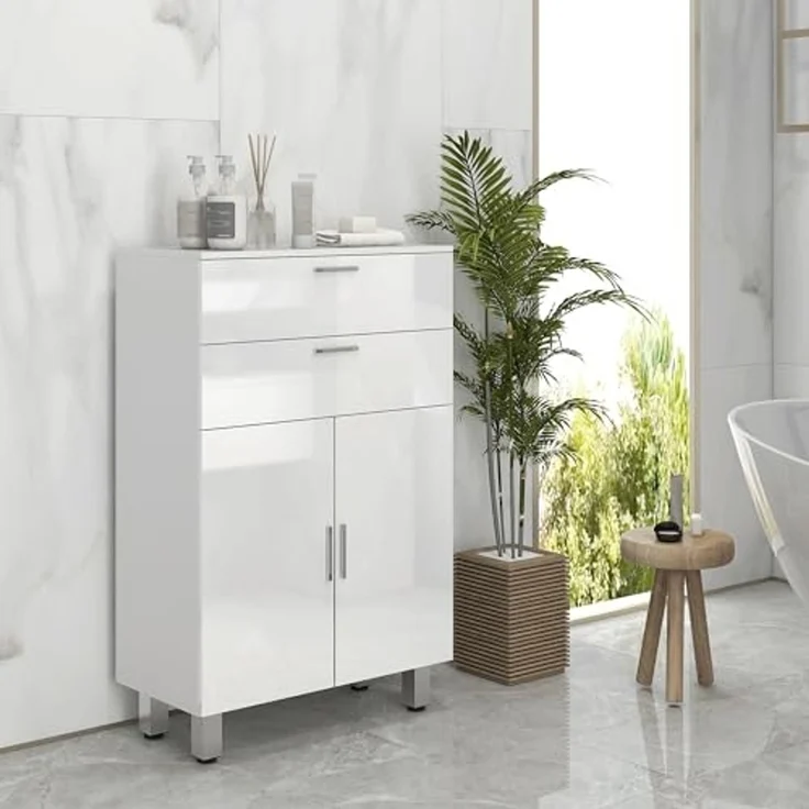 Kleankin Badkommode Badezimmerschrank (Badezimmer-Aufbewahrungsschrank, 1 St, mit Schublade, verstellbare Regale), 60 x 30 x 93 cm, Weiß – Bild 7