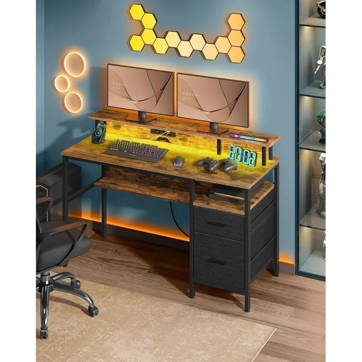 VASAGLE Schreibtisch mit Stoff-Schubladen, Computertisch mit Monitorständer, LED-Beleuchtung, 55 x 135 x 90 cm, eingebaute Steckdosen, 2 USB-A-Anschlüsse, für Homeoffice, vintagebraun LWD094K02 – Bild 2