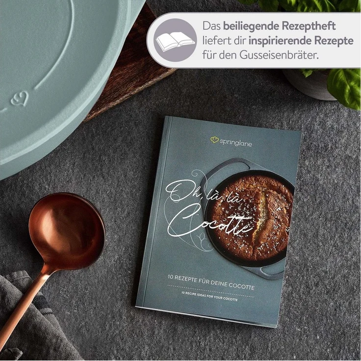 Springlane Bräter Cocotte Mint mit Deckel, Gusseisen, 4 L, Ø 24cm, Rund, Gusseisen emailliert, Edelstahl, Ideale Feuchtigkeitsverteilung durch Tropfenstruktur – Bild 3