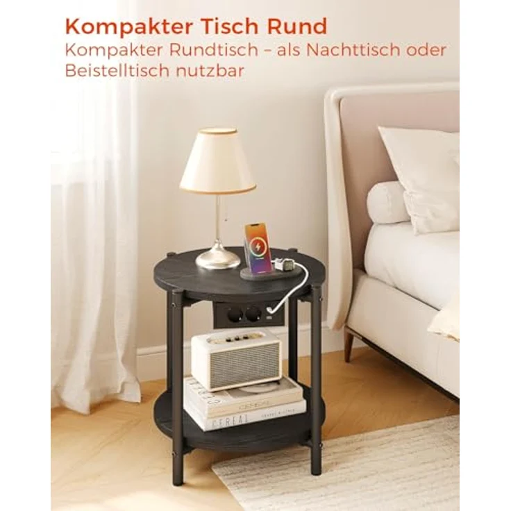 IRONCK Beistelltisch rund, Couchtisch mit Steckdose, Kleiner Tisch Holz, Wohnzimmertisch 2 Ablagen,Sofatisch,USB & Type-C-Anschluss, Metallrahmen, Nachttisch für Schlafzimmer (Schwarz, 1 Stück) – Bild 9