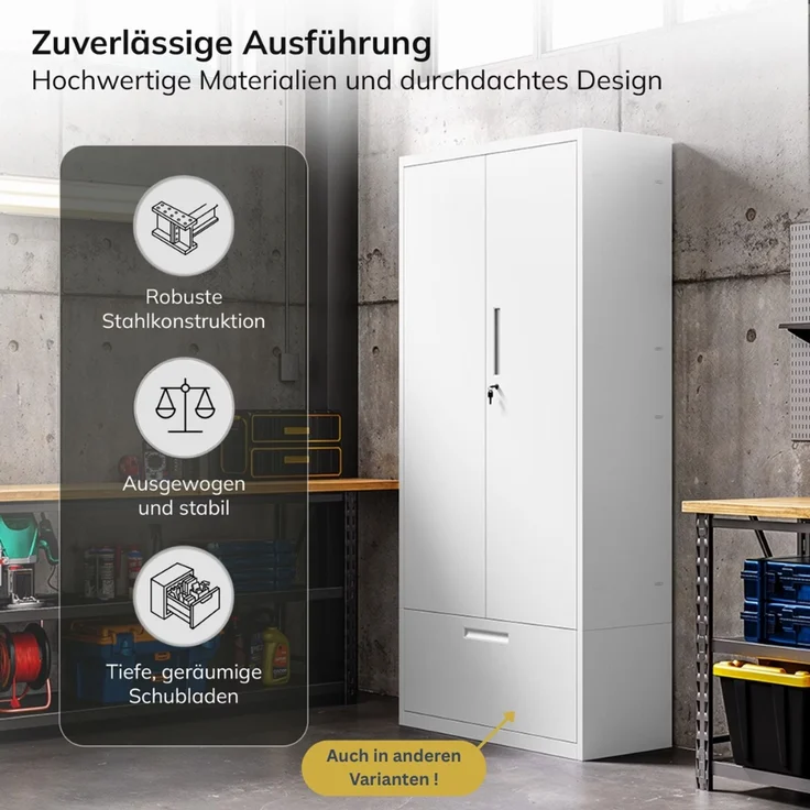 Metallschrank mit Doppel-Schublade RUEL - 195x90x40cm Weiß | Büroschrank Aktenschrank Stahlschrank Fachbodenschrank Werkstattschrank – Bild 6