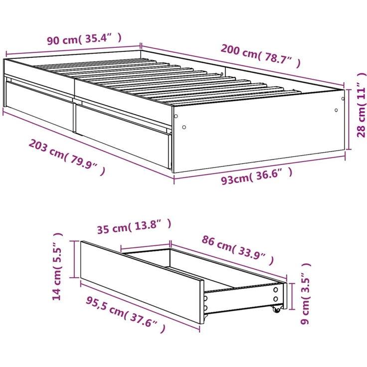 vidaXL Bettgestell mit Schubladen Sonoma-Eiche 90x200cm Holzwerkstoff 3280680 – Bild 11