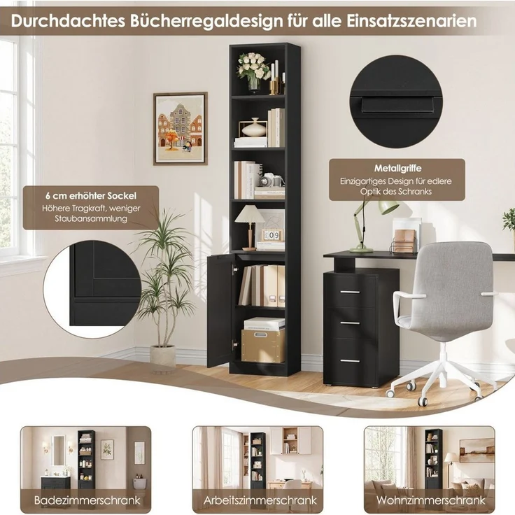 Homfa Bücherregal mit 6 Ebenen Bücherschrank Standregal mit Tür Eckregal, Hochschrank, Billy Regal für Homeoffice Bad, schwarz, 35 x 24 x 186,4 cm – Bild 4