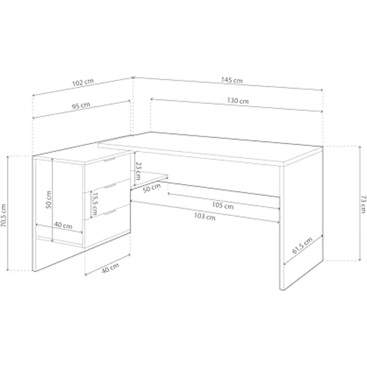Wendeschreibtisch mit 3-Schubladen-Kommode, Eckschreibtisch, cm 145x108h73, Eiche und Weiß – Bild 3