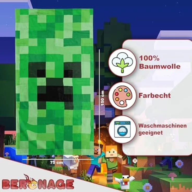 BERONAGE Strandtuch Minecraft Badetuch Creeper 75x150 cm, (1-St), Frottee in Velours-Qualität – Bild 2