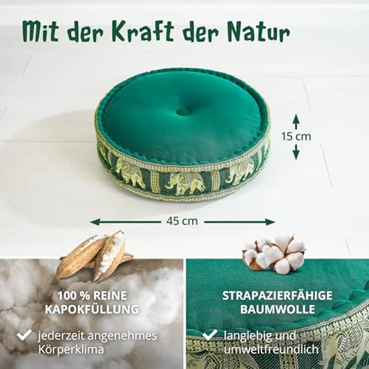 livasia Meditationskissen Zafukissen groß (Deluxe) vegan und handgefertigt, 44x15cm, Kapok – Bild 4