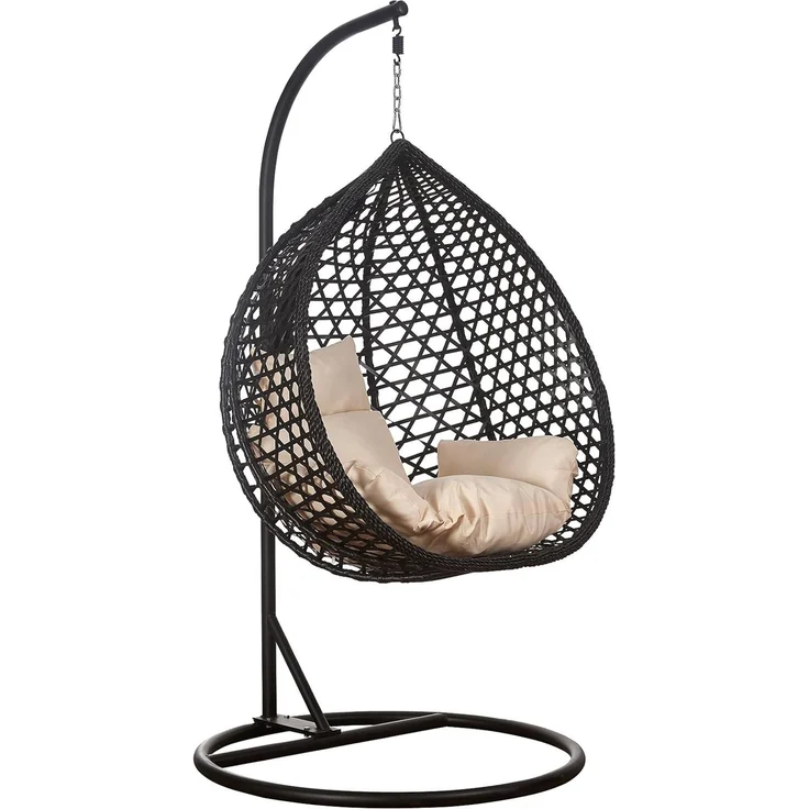 Luxus Hängesessel Style XXL Rattan Korb Gestell Schwarz mit Relaxkissen Beige – Bild 1
