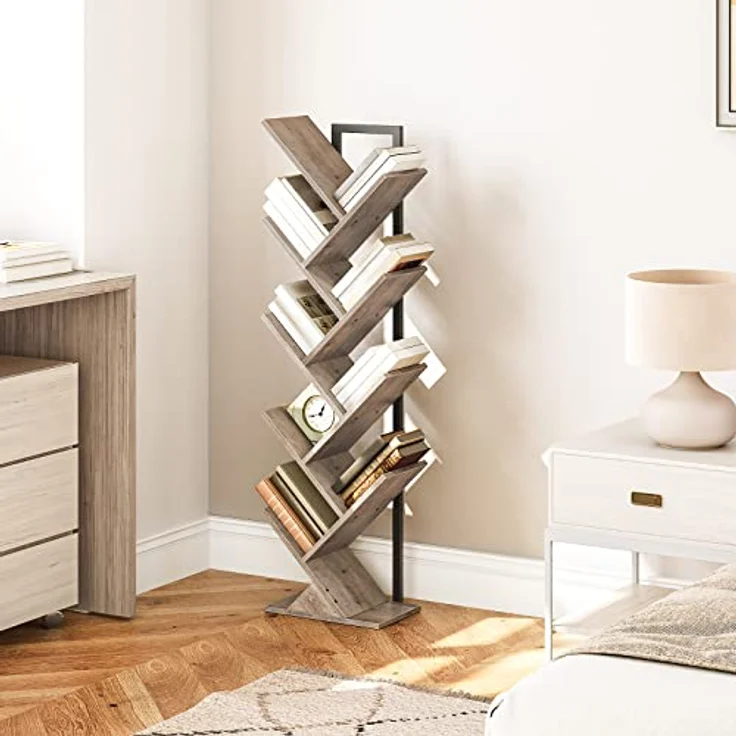 HOOBRO Bücherregal, Standregal mit 9 Ebenen, Holz DVD Regal, in Baumform, Metallgestell, für Wohnzimmer, Arbeitszimmer, Kinderzimmer, Greige EBG08SJ01G1 – Bild 3