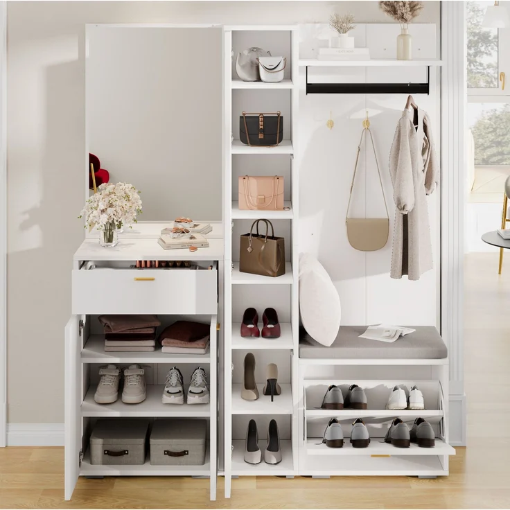 Garderobenset 150x36x180 cm in Weiß mit Spiegel, Sitzbank und Schuhkipper – Bild 2