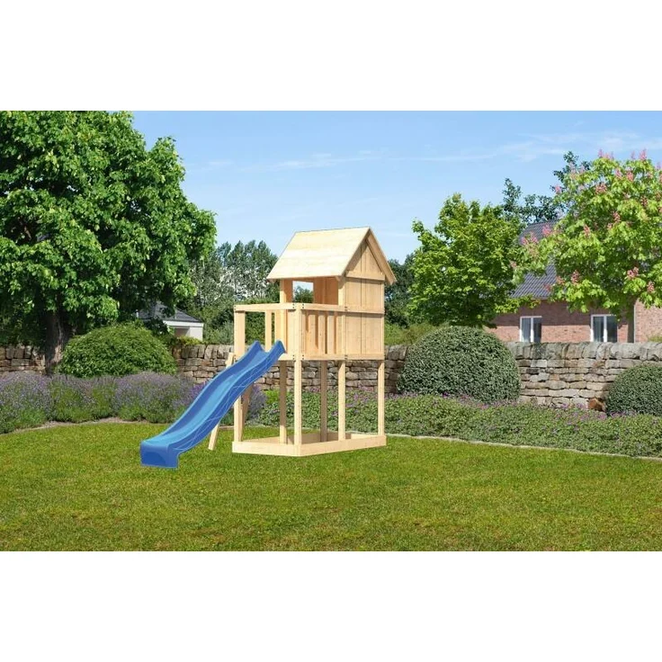 Karibu Kinderspielhaus Frieda Set Aktion2 naturbelassen mit Anbau und Rutsche blau – Bild 3