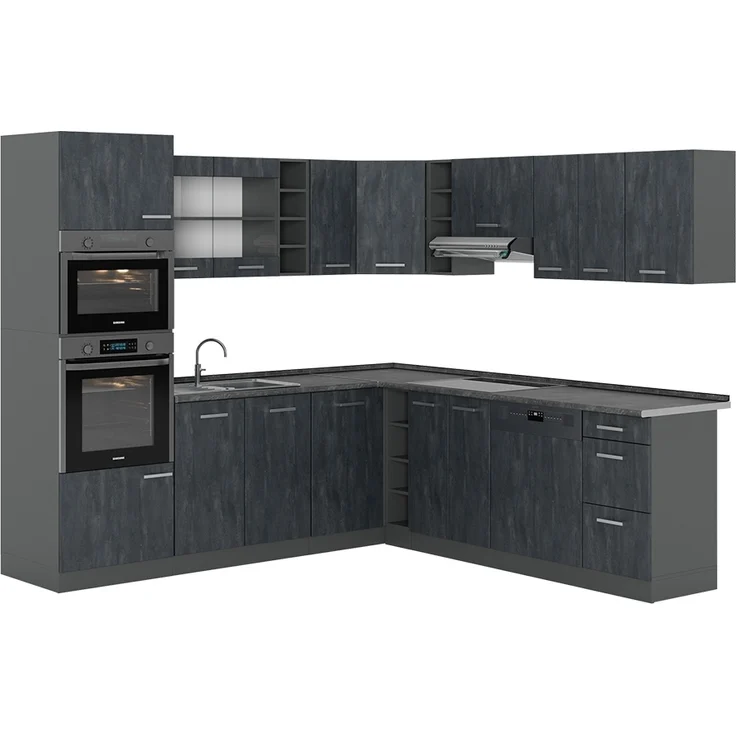 Einbauküche in L-Form R-Line Schwarz Beton/Anthrazit 247 x 46 cm ohne Arbeitsplatte Vicco – Bild 1