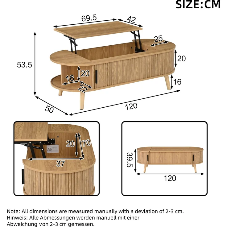Couchtisch 120x50x39,5 cm höhenverstellbar mit verstecktem Stauraum aus MDF in Naturholzoptik – Bild 6