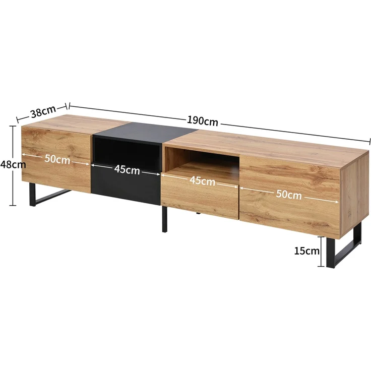 TV-Lowboard 190 cm mit Türen und Schubladen, moderner Fernsehtisch in Schwarz und Holzoptik – Bild 9