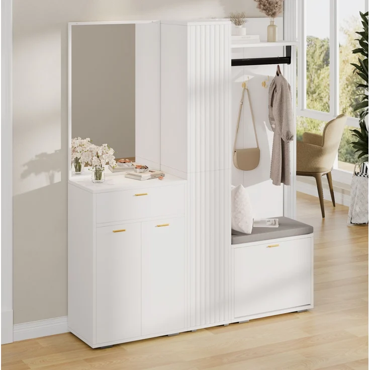 CHICFURN Schrank 150x180x36 cm mit Spiegel, Sitzbank und Schuh-Kippfach – Weiß – Bild 4