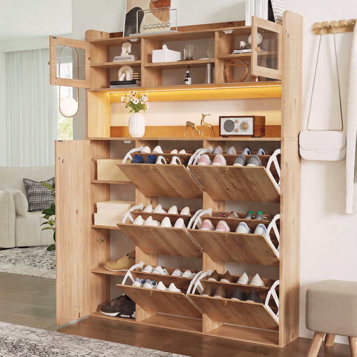 ZUBALIYA Schuhschrank (130 x 25 x 180 cm), 6 Klappfächer, LED - Beleuchtung, Stauraum für Flur und Eingangsbereich, Naturfarben