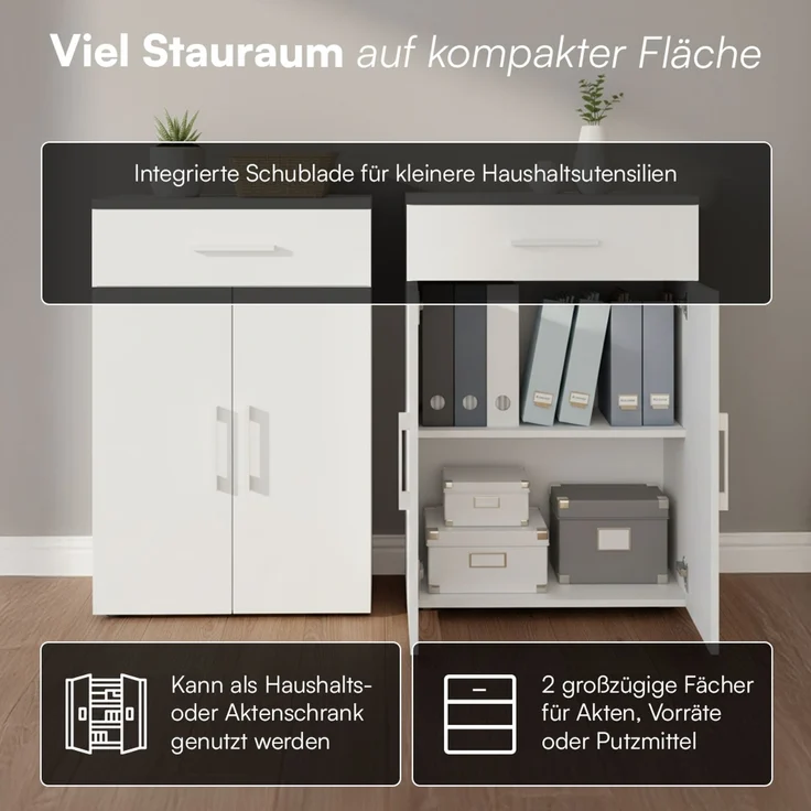 Bellamio 'Apol' Mehrzweckschrank, weiß, 88x33x60 cm, kleiner Aktenschrank mit 2 Fächern und 1 Schublade – Bild 2