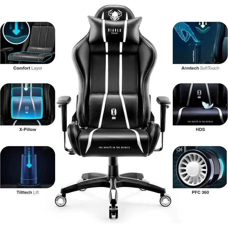 Diablo X-One 2.0 Gaming Stuhl für Kinder Gamer Chair Bürostuhl Schreibtischstuhl Verstellbare Armlehnen Ergonomisches Design Nacken/-Lendenkissen Wippfunktion Schwarz-Weiß Kids (S) – Bild 4
